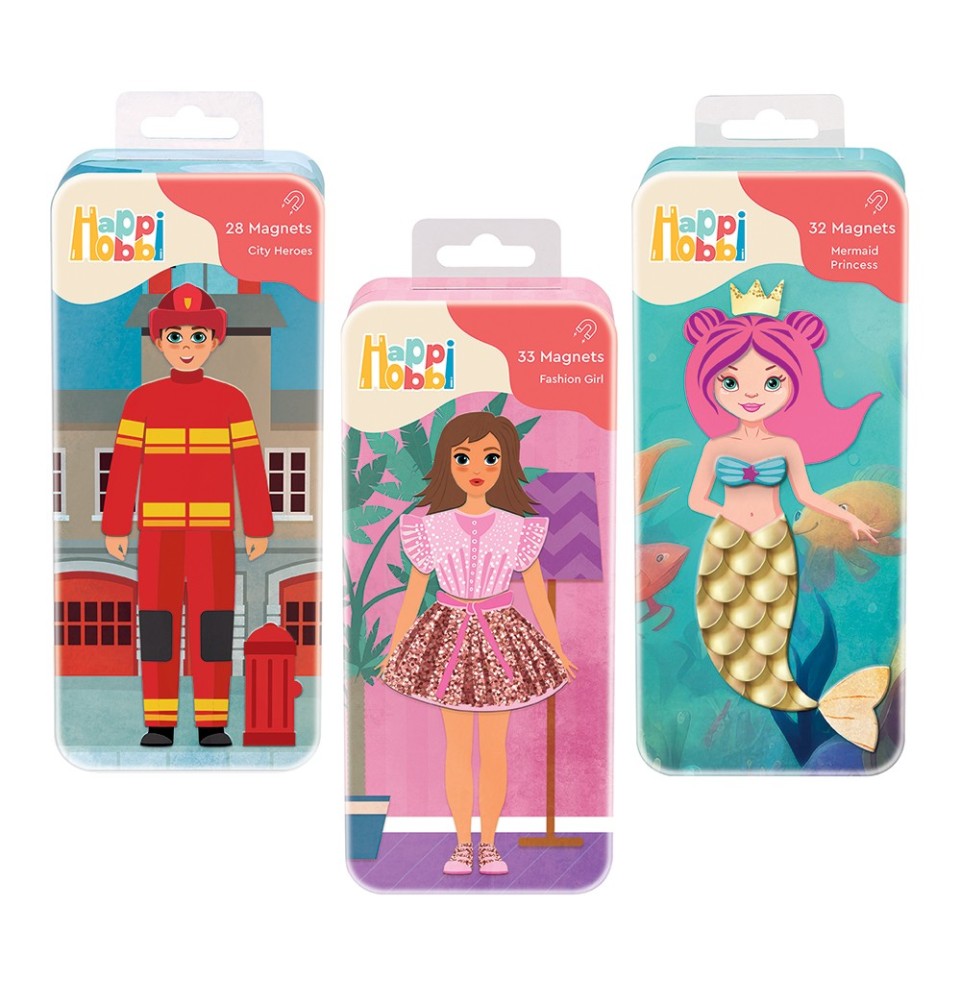 HappiHobbi Magnet Tins City Heroes  Fashion Girl  Mermaid Princess Εκπαιδευτικοί Χάρτινοι Μαγνήτες