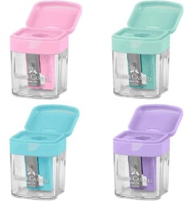 Ξύστρα Faber-Castell Mini Box Pastel - 4 τεμάχια με ανοιχτά καπάκια