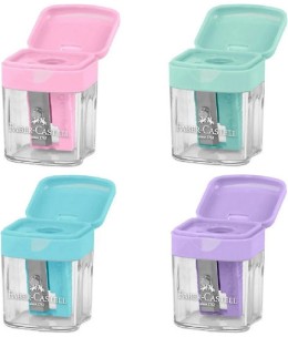 Ξύστρα Faber-Castell Mini Box Pastel - 4 τεμάχια με ανοιχτά καπάκια